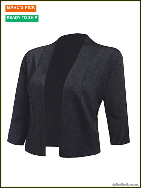 Sweaters - Cropped 3/4 Sleeve Open Front Cardigan Shrug Viscose Nylon Lightweight Layer